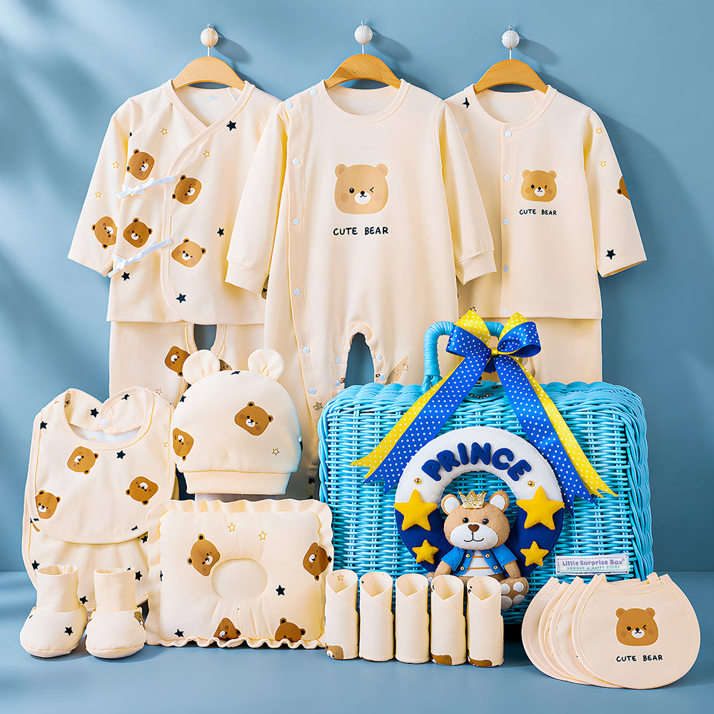 Little Surprise Box, 25 pcs Price Hamper for Newborn Boy/Girl, All Season wear hamper with luxury designed blue storage cane basket 0-12 months