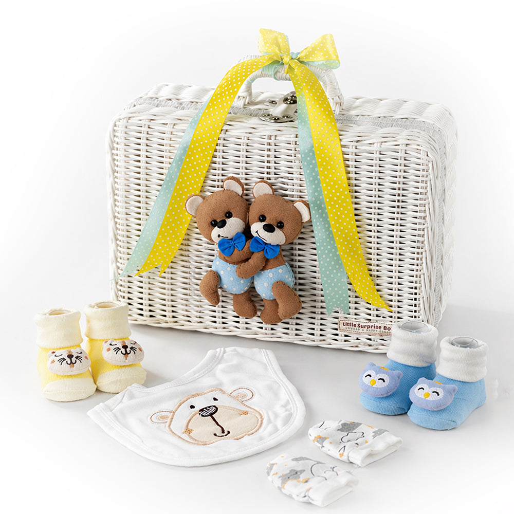 Little Surprise Box 25 pcs, Twin Boy & Girl White cane basket themed Newborn Baby Boy, All Season wear ,Gift Hamper set, 0-6 months