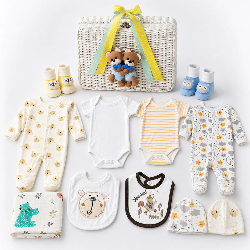 Little Surprise Box 25 pcs, Twin Boy & Girl White cane basket themed Newborn Baby Boy, All Season wear ,Gift Hamper set, 0-6 months