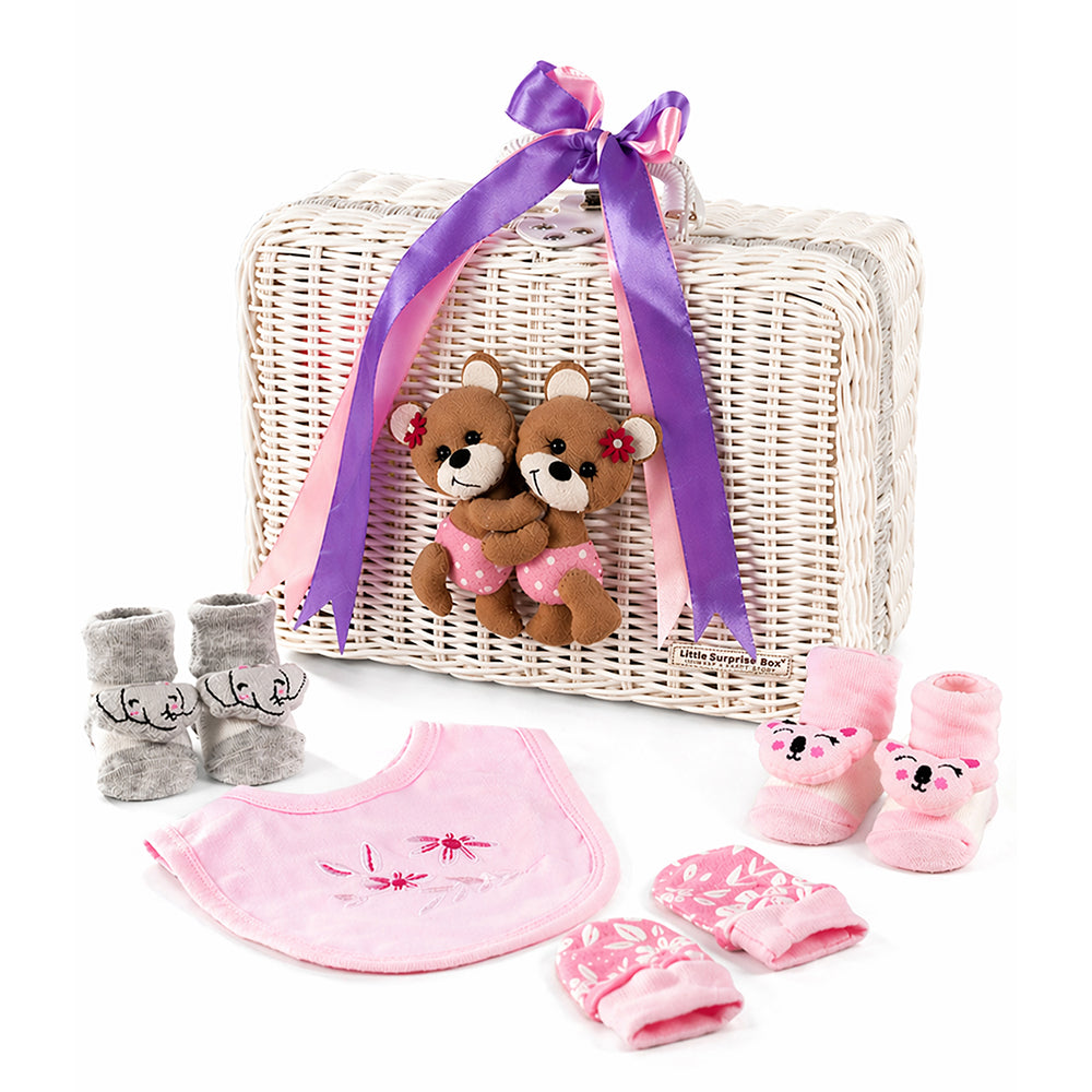Little Surprise Box 25 pcs, Twin Boy & Girl White cane basket themed Newborn Baby Boy, All Season wear ,Gift Hamper set, 0-6 months