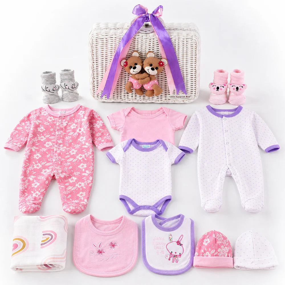 Little Surprise Box 25 pcs, Twin Boy & Girl White cane basket themed Newborn Baby Boy, All Season wear ,Gift Hamper set, 0-6 months