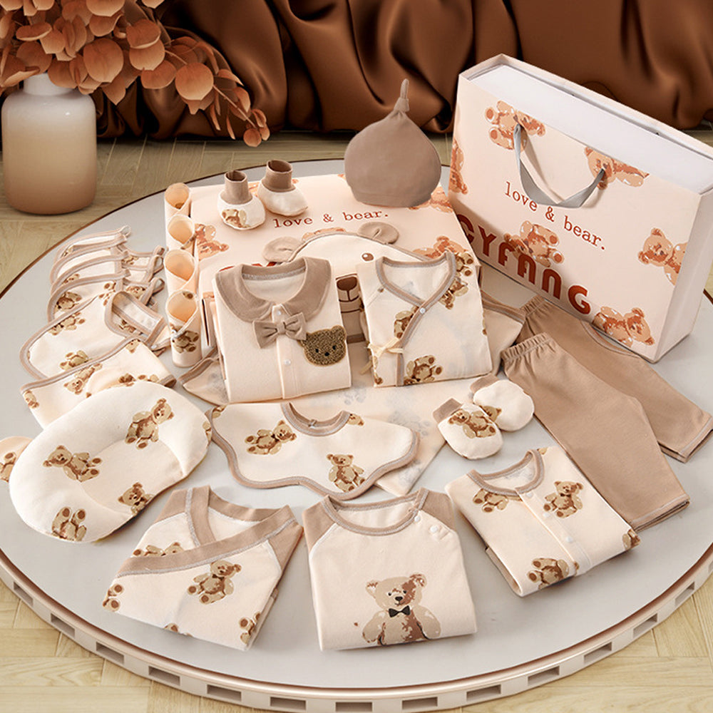 Little Surprise Box, 26pcs Cream & Brown Teddy Love , New born Baby Girl/Boy Gift Hamper all Season wear Clothes Gift Hamper Box, (0-6months) (Copy)