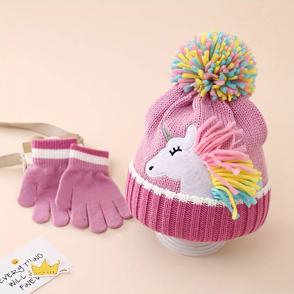 Little Surprise Box Muave Frill Unicorn Winter Cap Beanie & Matching Gloves, 2 pcs set, 3yrs- 8yrs