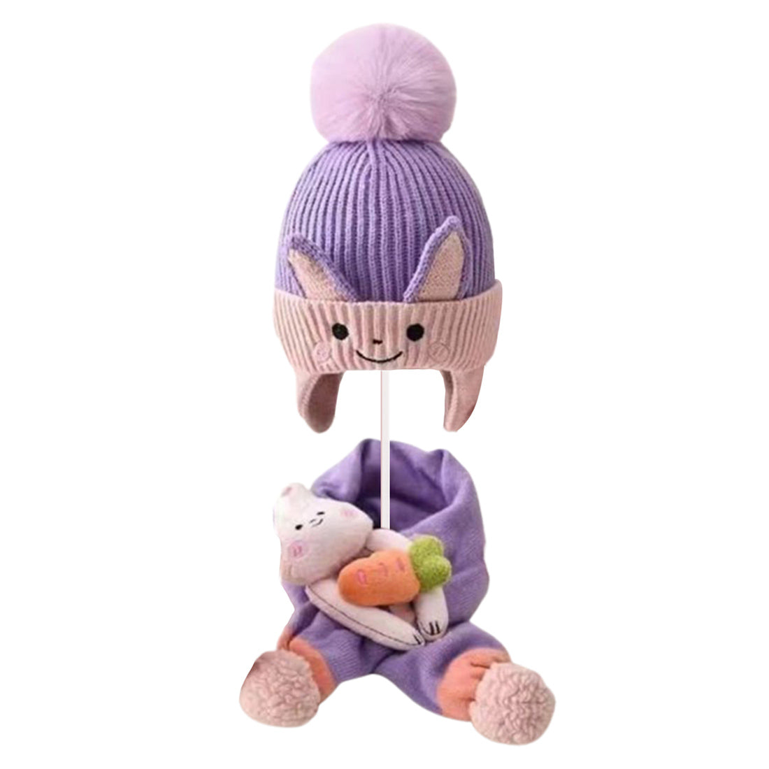 Lilac Bunny With Carrot Kids Winter Cap & Neck Muffler Set