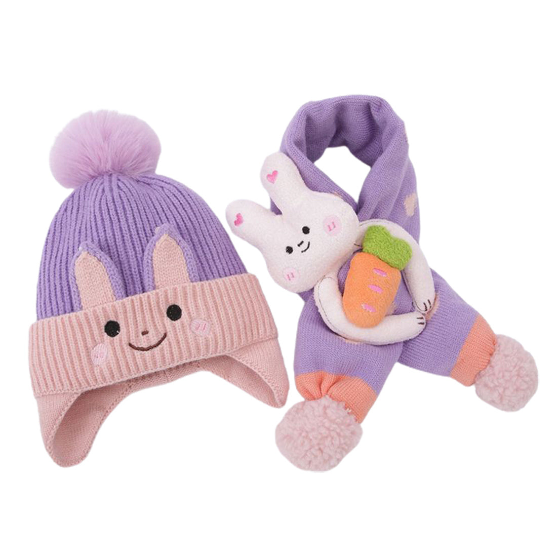 Lilac Bunny With Carrot Kids Winter Cap & Neck Muffler Set