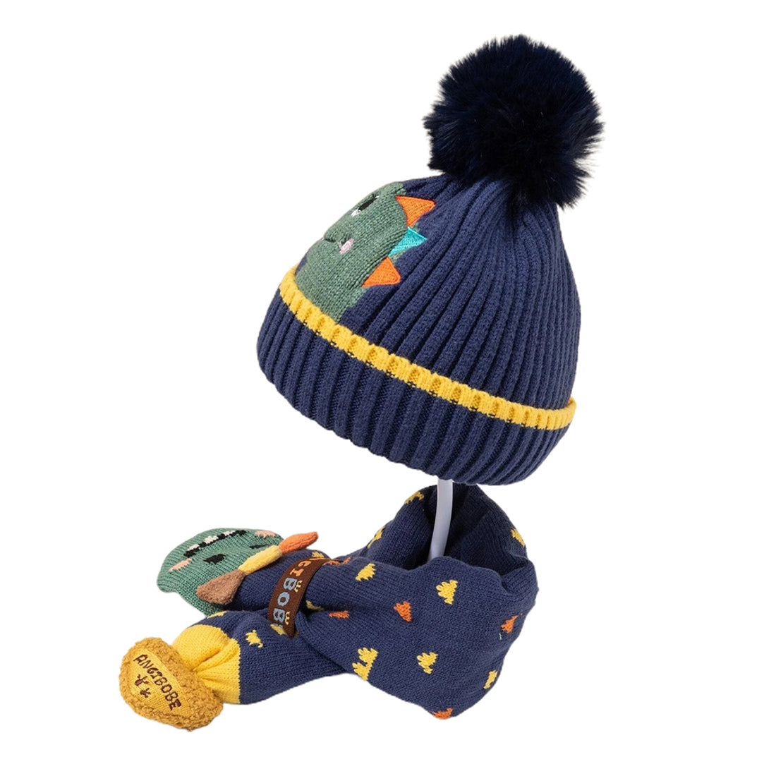 Navy Blue Dino Kids Winter Cap & Neck Muffler Set