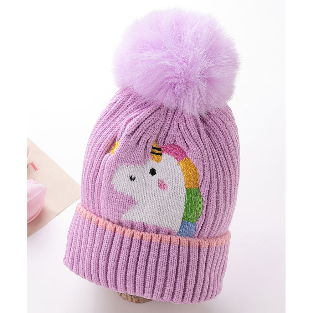 Little Surprise Box Purple Unicorn Pompom Winter Cap & matching Neck Muffler 2pcs Set, 3-8yrs