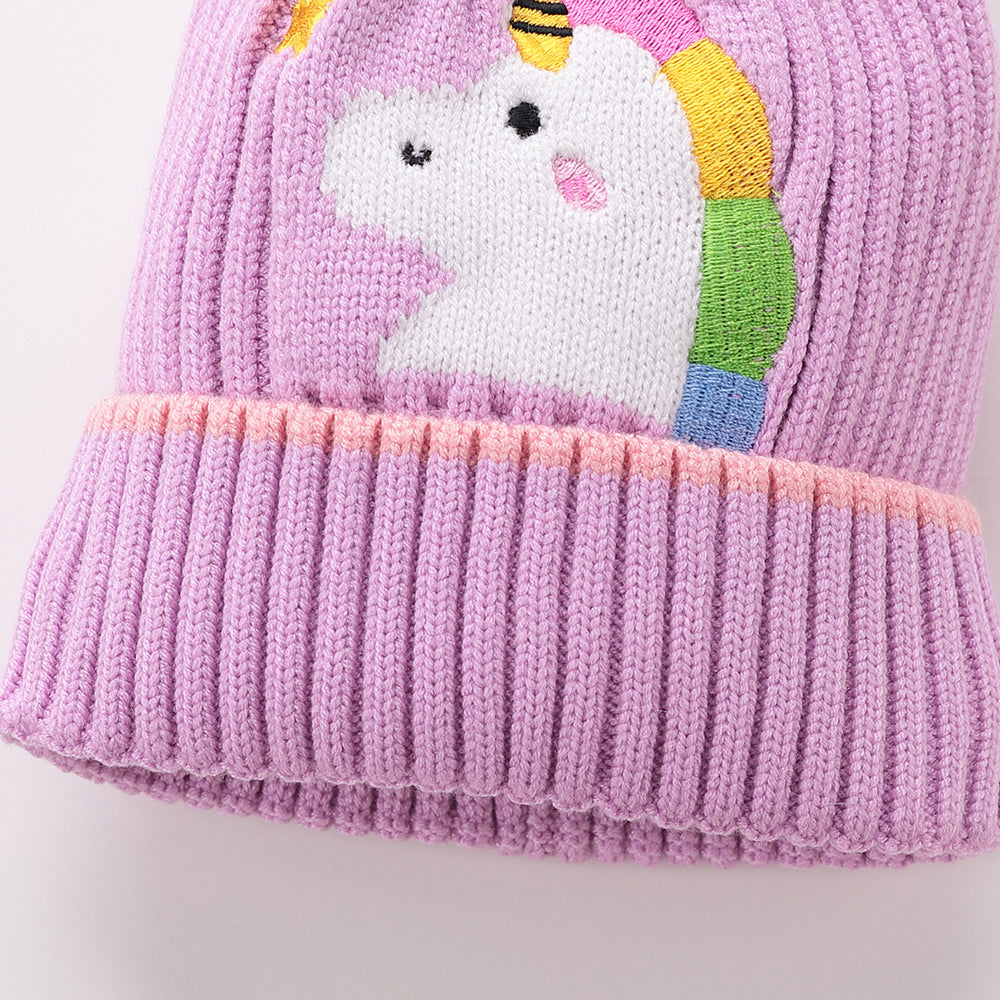 Little Surprise Box Purple Unicorn Pompom Winter Cap & matching Neck Muffler 2pcs Set, 3-8yrs