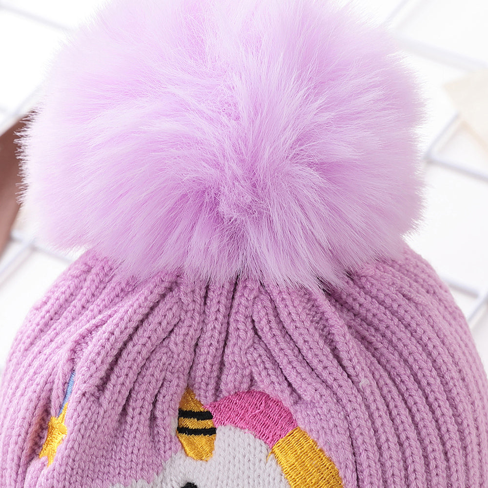 Little Surprise Box Purple Unicorn Pompom Winter Cap & matching Neck Muffler 2pcs Set, 3-8yrs