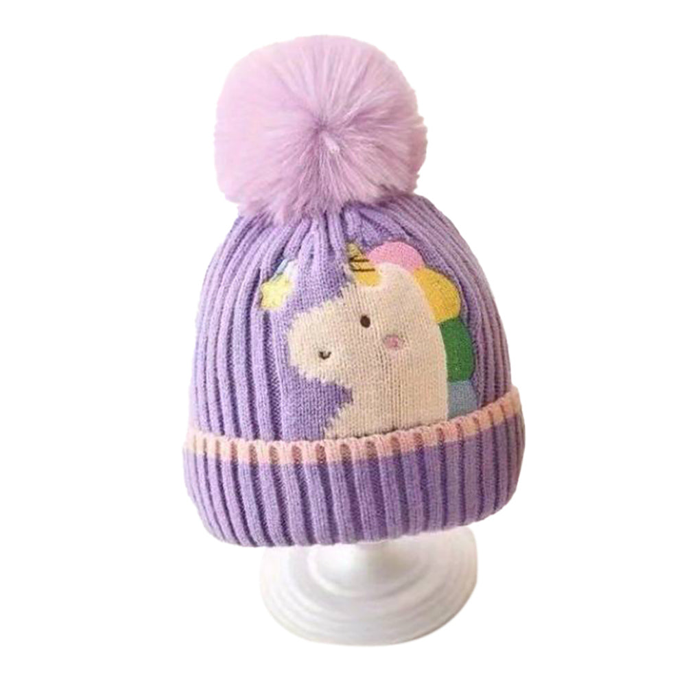 Little Surprise Box Purple Unicorn Pompom Winter Cap & matching Neck Muffler 2pcs Set, 3-8yrs