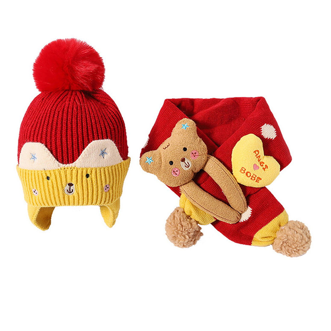 Red & Yellow Bear Winter Cap & Neck Muffler Set
