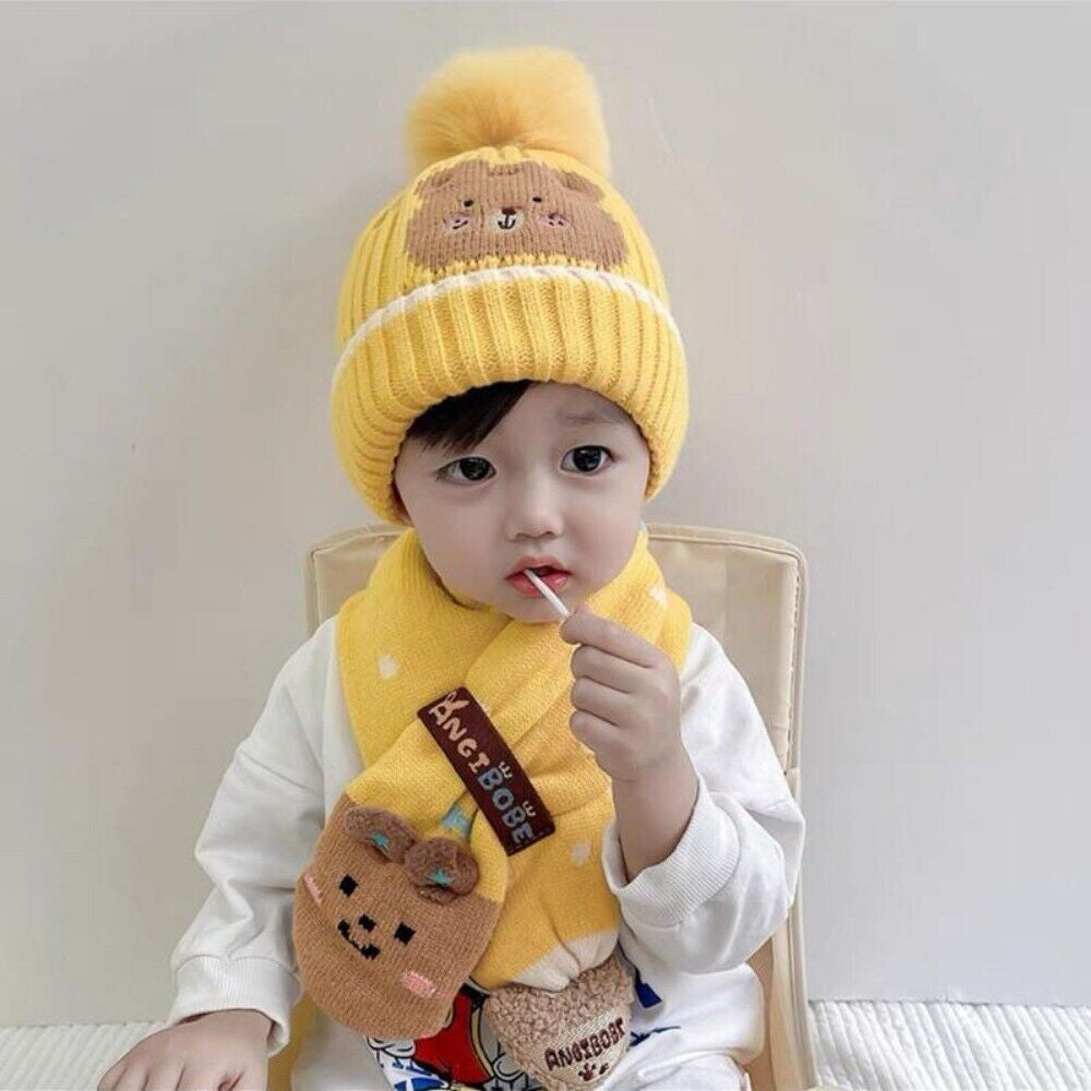 Little Surprise Box Yellow Ted Winter Cap Beanie & Matching Neck Muffler 2pcs Set, 3yrs- 8yrs