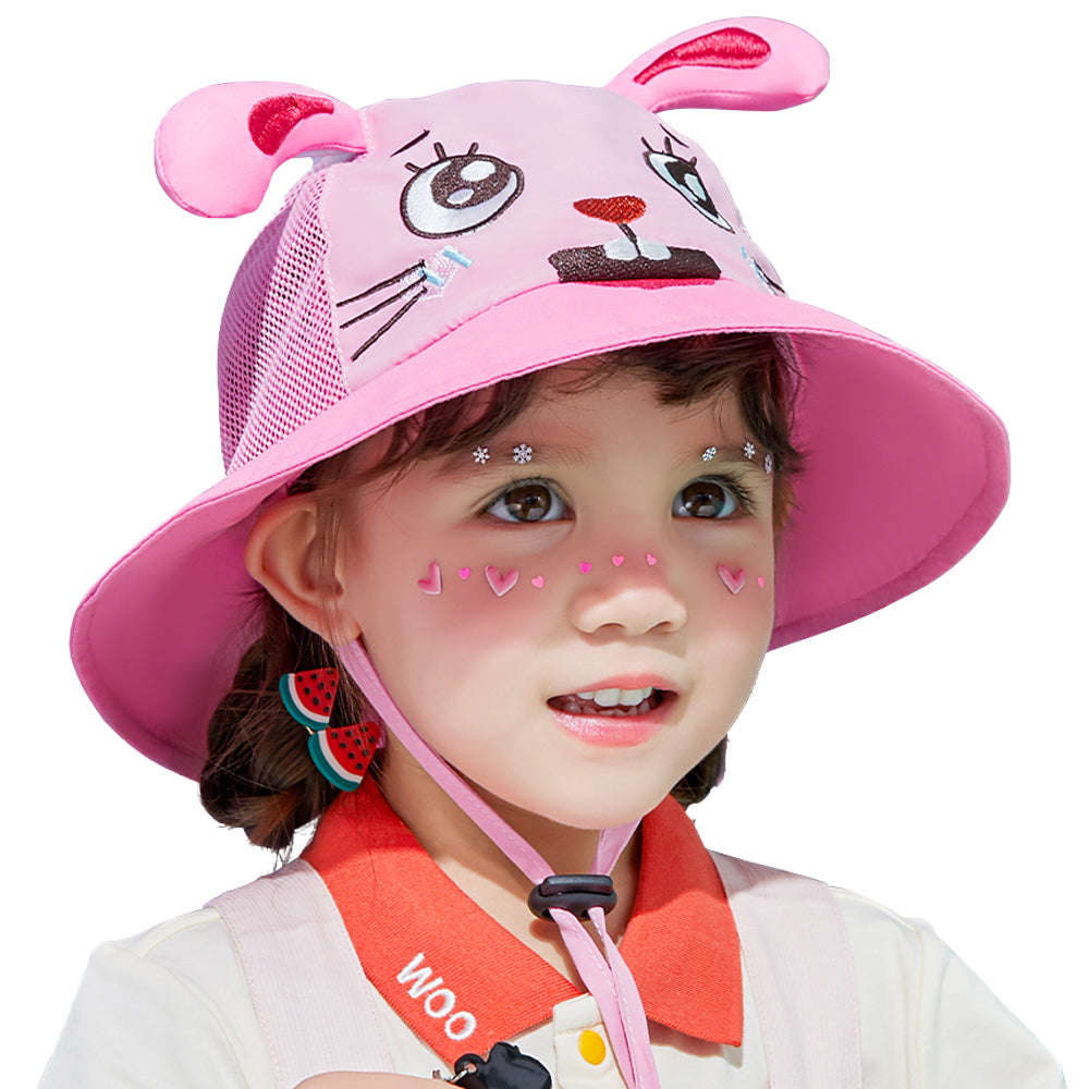 Little Surprise Box Pink long ear Rabbit print breathable Net wide brim Sun Hat for Kids& Toddlers with Adjustable Strap