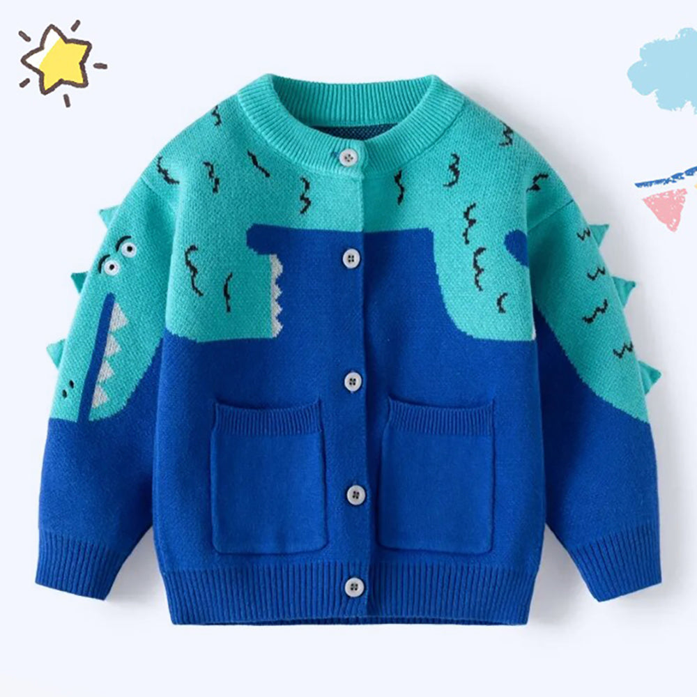 Little Surprise Box Turquoise Blue Dinosaur Cardigan/Warmer/Sweater for Toddlers & Kids