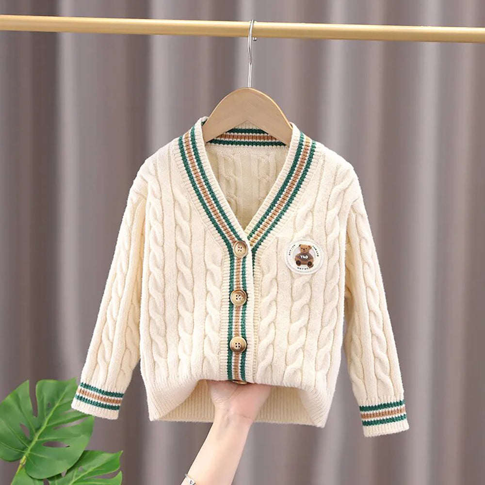 Little Surprise Box Cream & Green Ted Monogram V neck Winter Warmer Cardigan & Sweater for toddlers & Kids