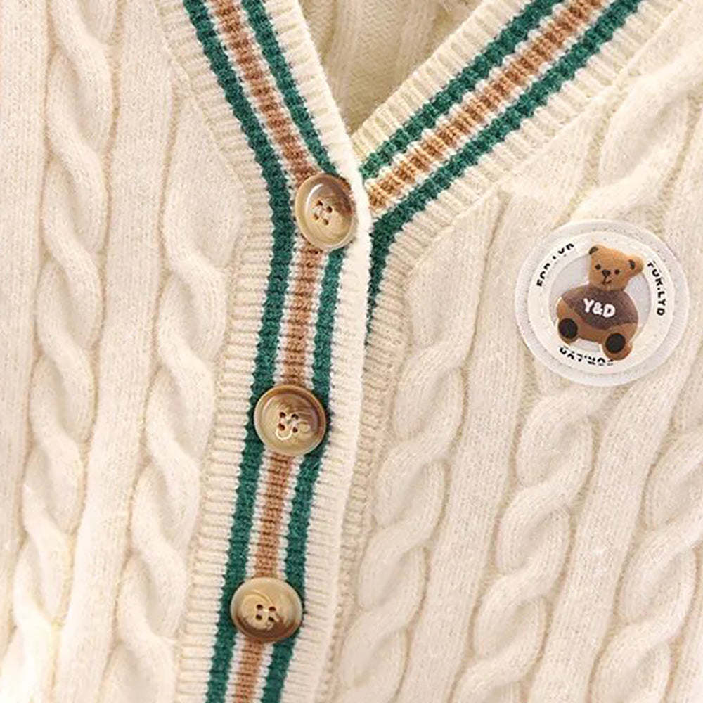 Little Surprise Box Cream & Green Ted Monogram V neck Winter Warmer Cardigan & Sweater for toddlers & Kids