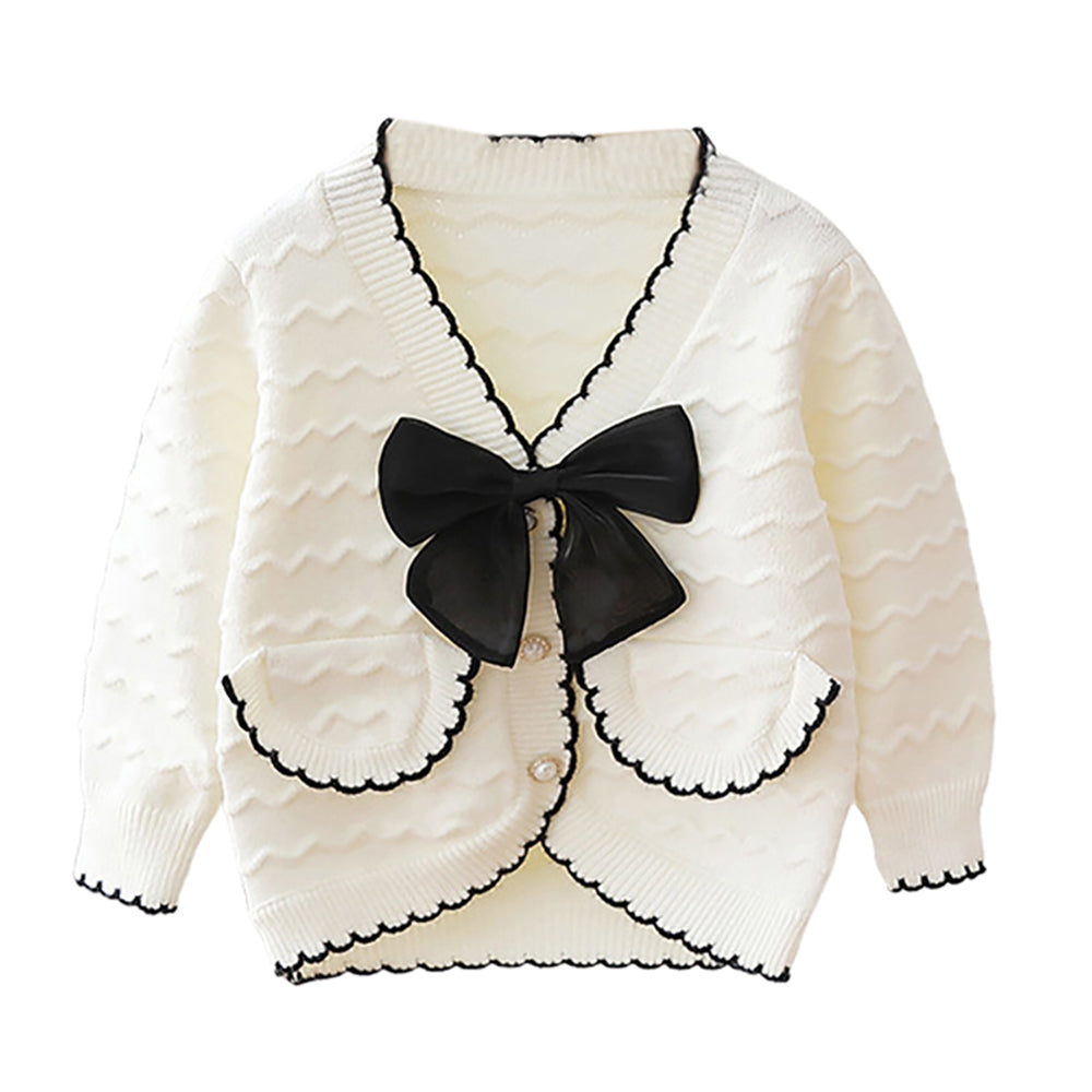 Little Surprise box White Ruffled Cardigan with Big black Bow Winter Warmer Sweater for Toddlers & Kids