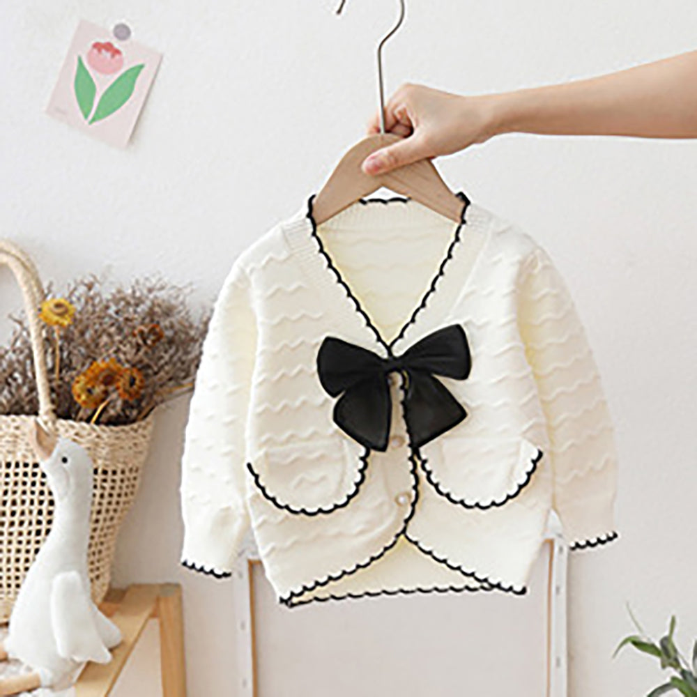 Little Surprise box White Ruffled Cardigan with Big black Bow Winter Warmer Sweater for Toddlers & Kids