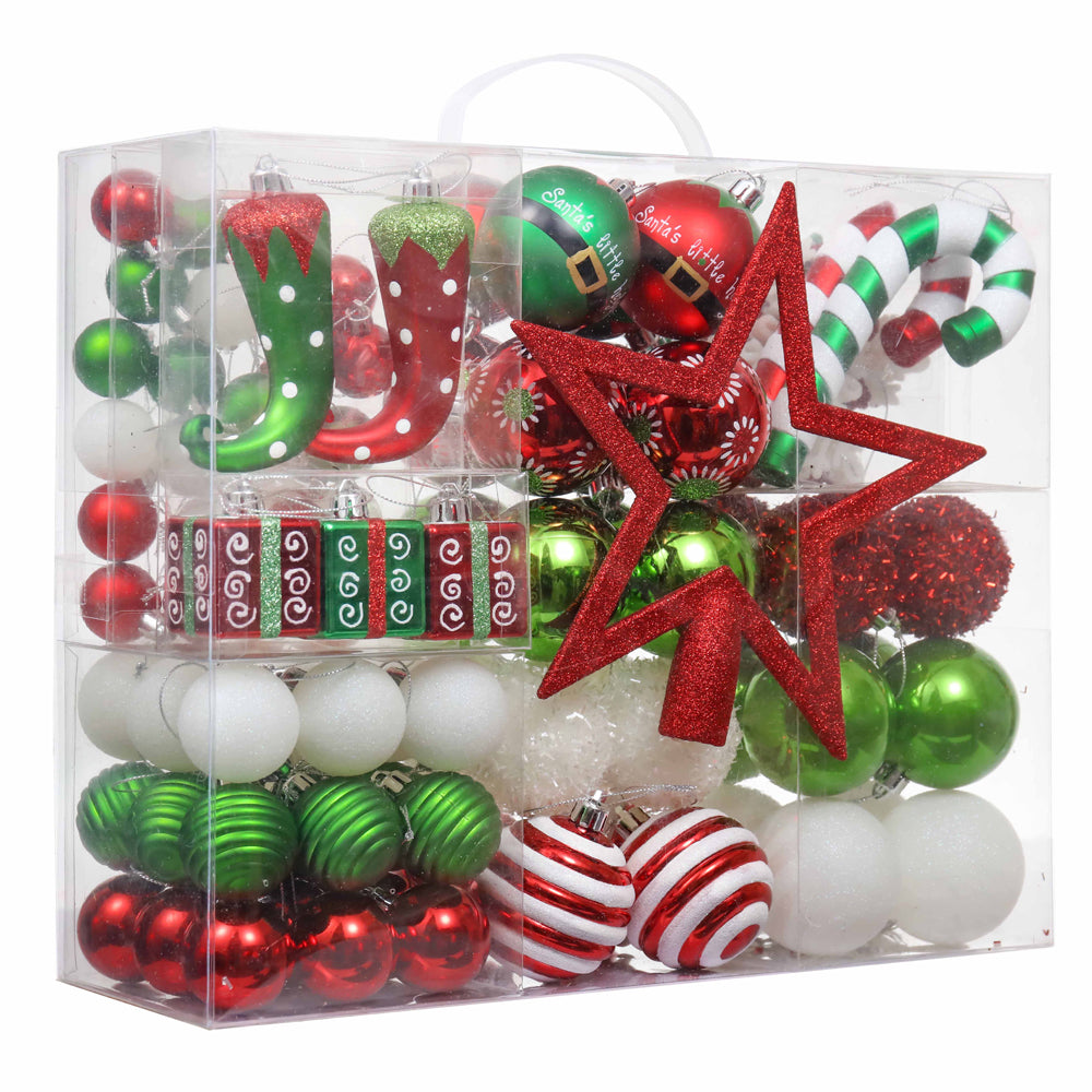 Little Surprise Box Christmas Ball Ornaments Xmas Tree Hanging Decorations Red & Green Elf Theme Christmas Balls, 100 Pcs Box Set.