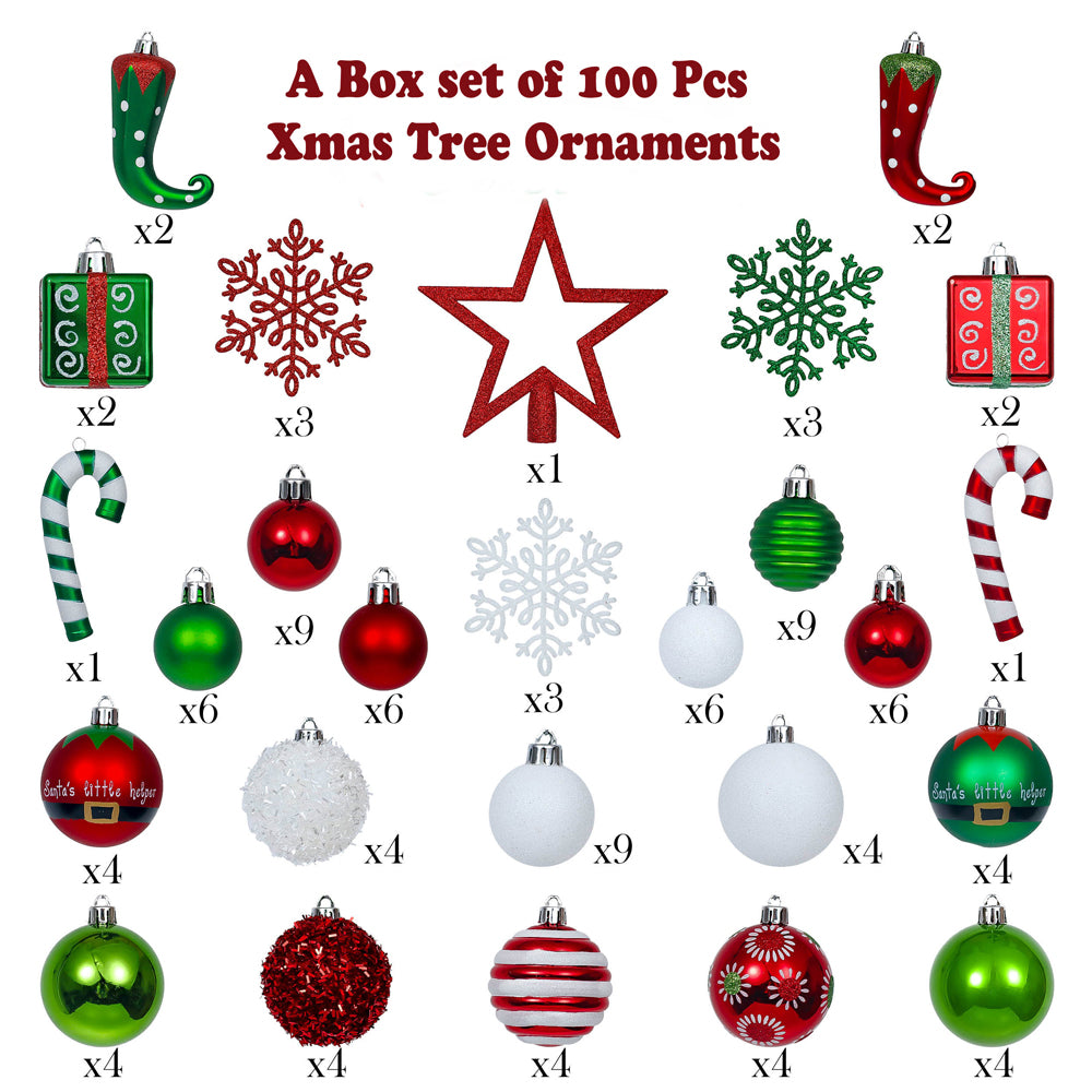 Little Surprise Box Christmas Ball Ornaments Xmas Tree Hanging Decorations Red & Green Elf Theme Christmas Balls, 100 Pcs Box Set.