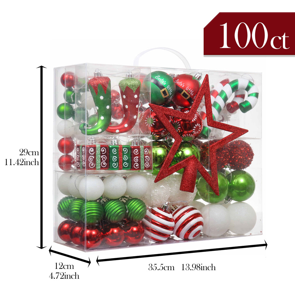 Little Surprise Box Christmas Ball Ornaments Xmas Tree Hanging Decorations Red & Green Elf Theme Christmas Balls, 100 Pcs Box Set.