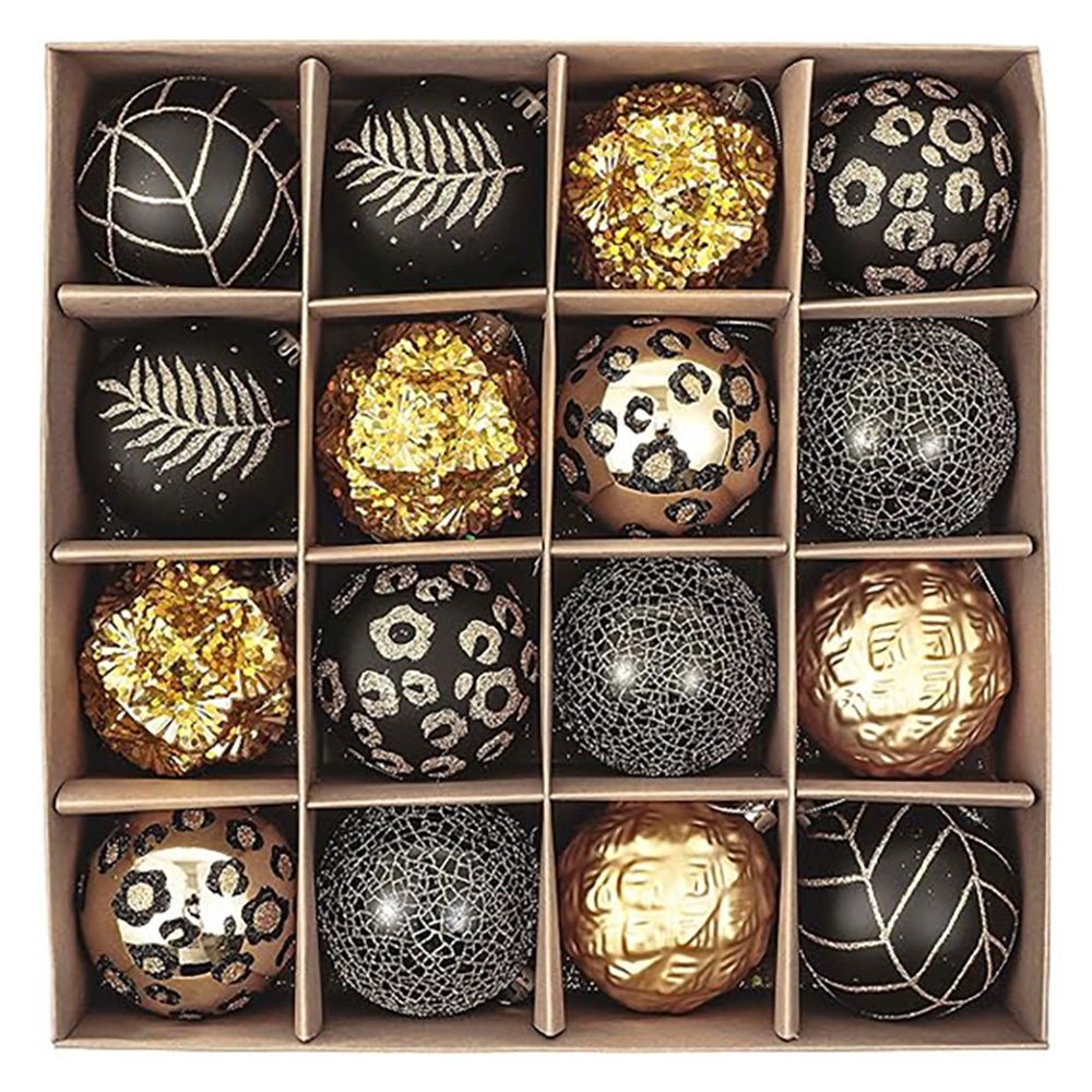 Little Surprise Box, 16Pcs Black And Gold Theme Shimmer Christmas Ball Tree Ornaments Xmas Decoration Set.