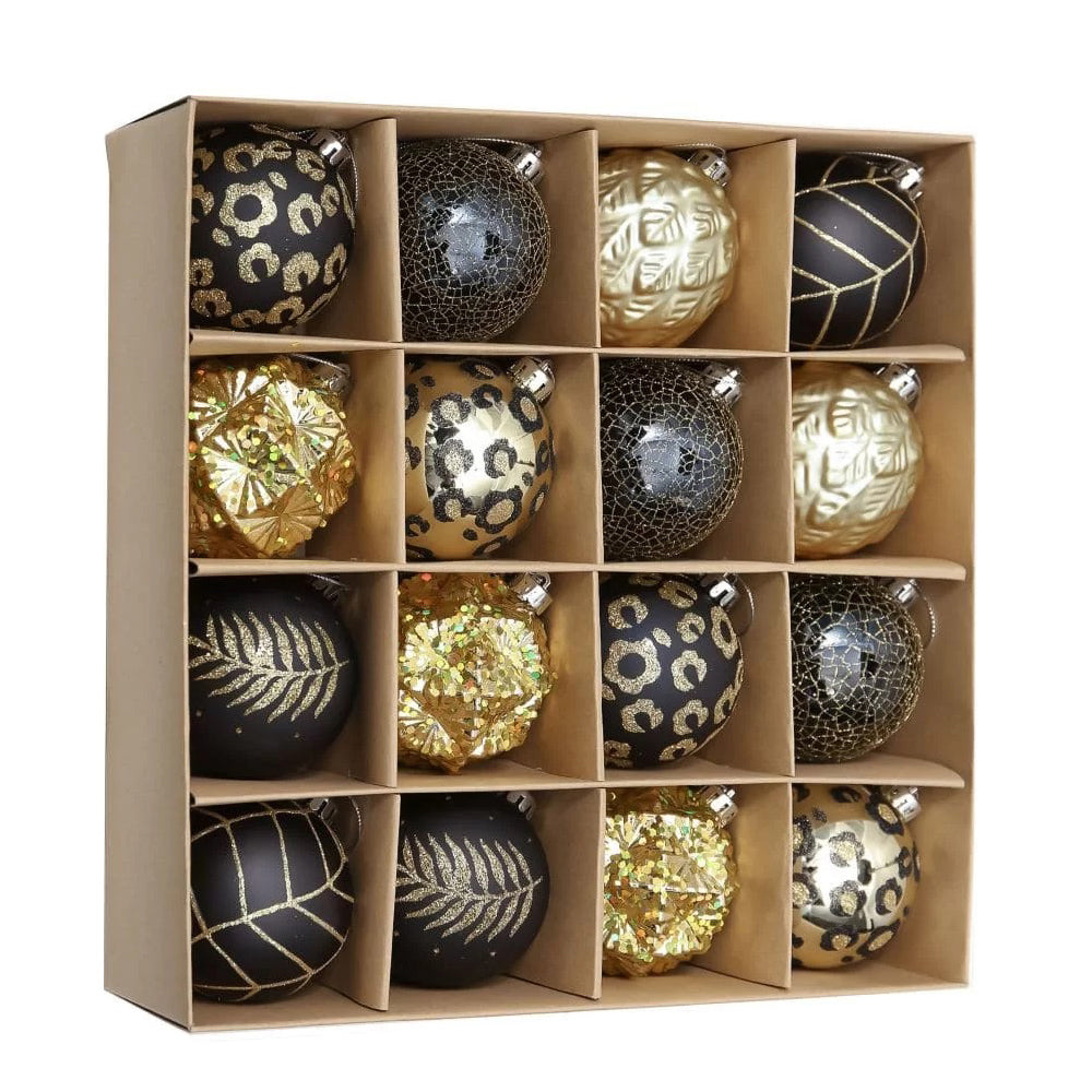 Little Surprise Box, 16Pcs Black And Gold Theme Shimmer Christmas Ball Tree Ornaments Xmas Decoration Set.