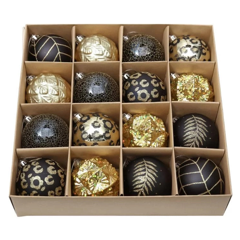 Little Surprise Box, 16Pcs Black And Gold Theme Shimmer Christmas Ball Tree Ornaments Xmas Decoration Set.