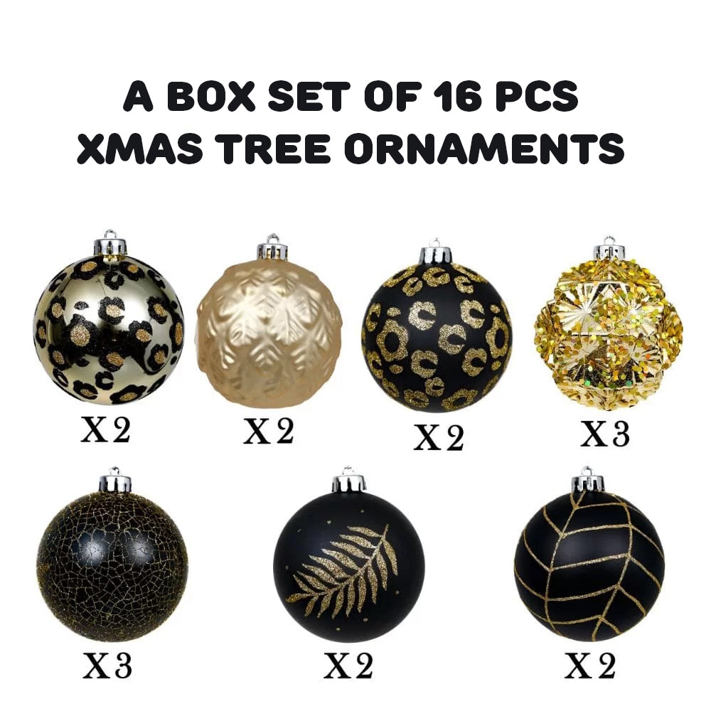 Little Surprise Box, 16Pcs Black And Gold Theme Shimmer Christmas Ball Tree Ornaments Xmas Decoration Set.