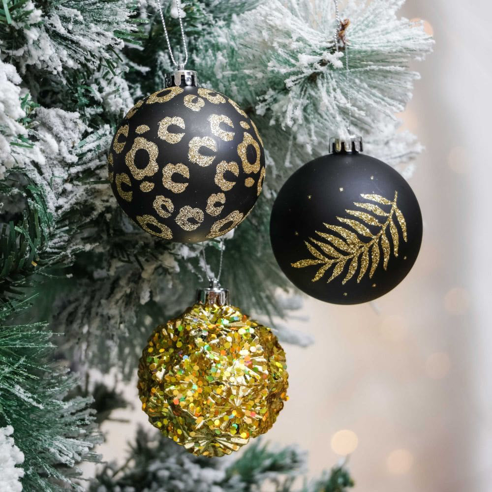 Little Surprise Box, 16Pcs Black And Gold Theme Shimmer Christmas Ball Tree Ornaments Xmas Decoration Set.