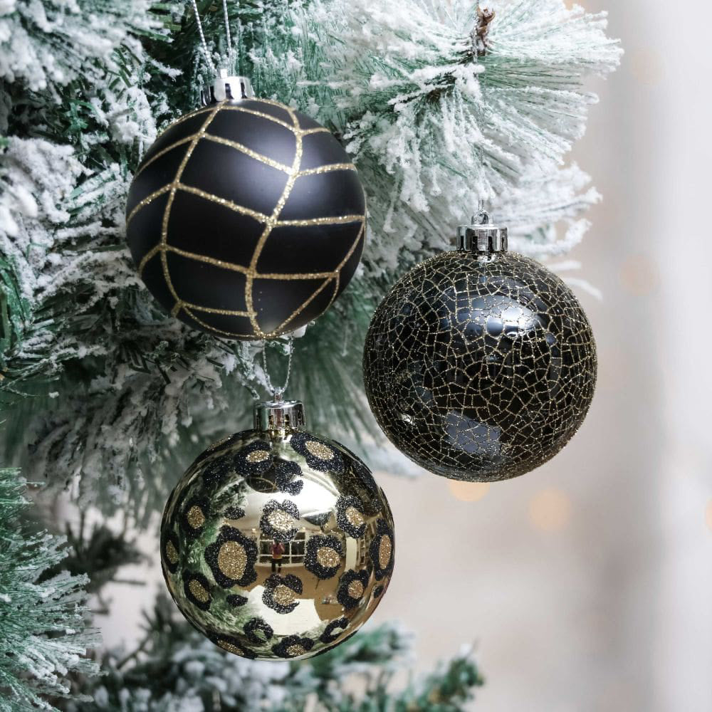 Little Surprise Box, 16Pcs Black And Gold Theme Shimmer Christmas Ball Tree Ornaments Xmas Decoration Set.