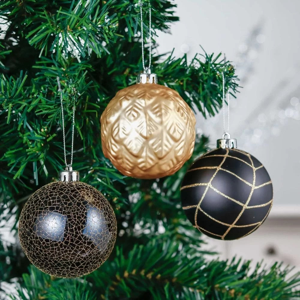 Little Surprise Box, 16Pcs Black And Gold Theme Shimmer Christmas Ball Tree Ornaments Xmas Decoration Set.