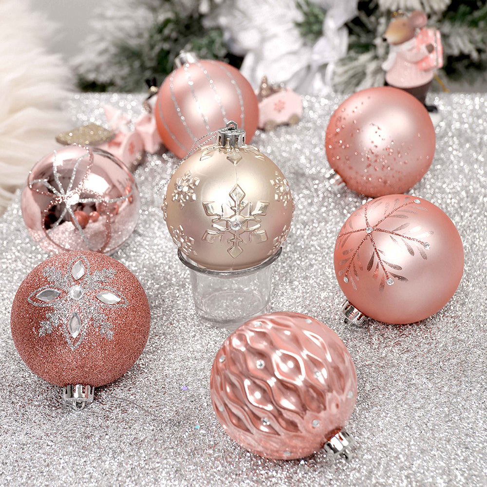 Little Surprise Box, 16Pcs Peach Snowflakes Shimmer Christmas Ball Tree Ornaments Xmas Decoration Set..