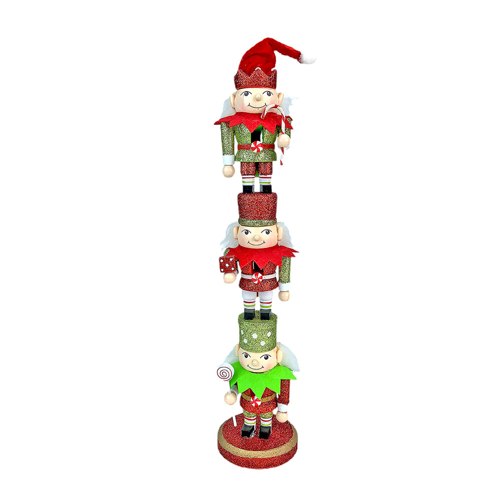 Little Surpise Box 3 Tier Stacked Wooden Elves Christmas Table Décor - Green