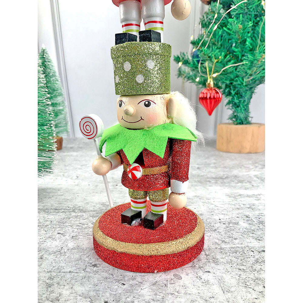 Little Surpise Box 3 Tier Stacked Wooden Elves Christmas Table Décor - Green