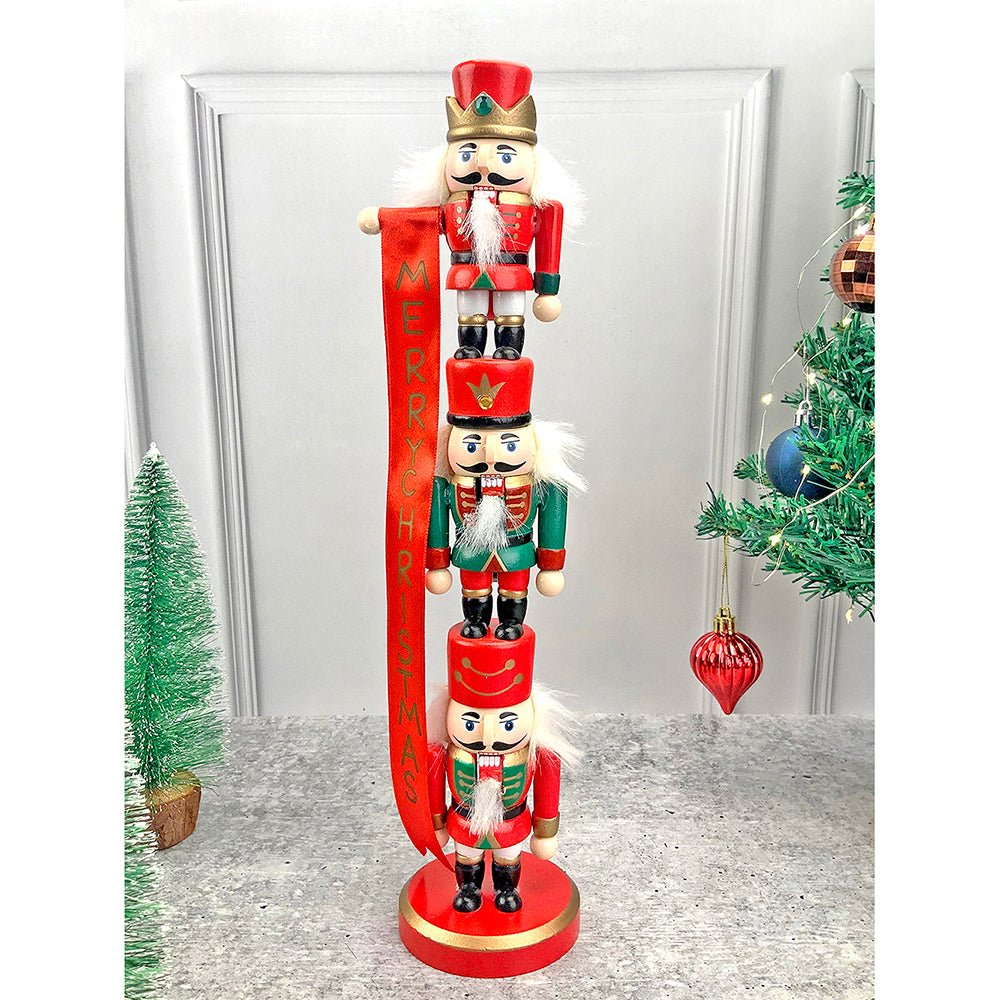 Little Surpise Box 3 Tier Stacked Wooden Nutcracker Christmas Table Décor - Red