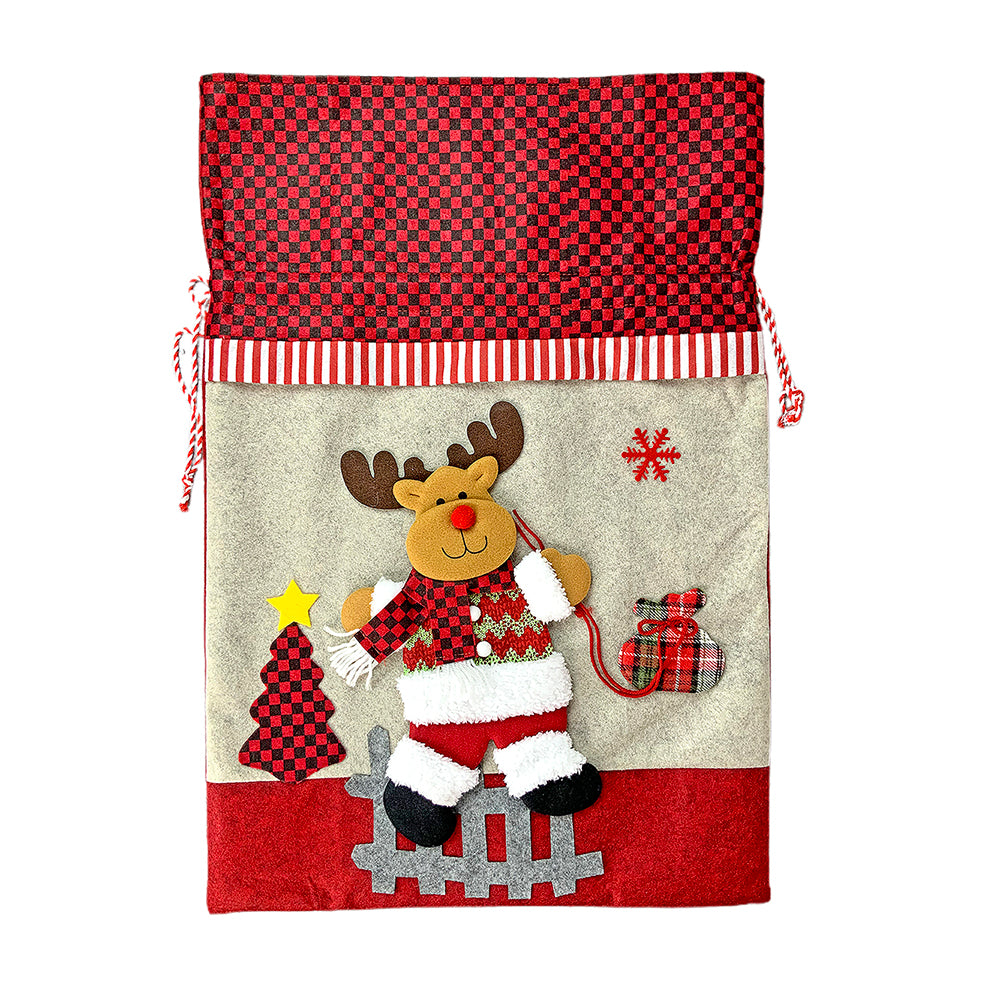 Little Surprise Box, Deer Red & Grey Checks Christmas Sack for Christmas Gifts and Home Décor