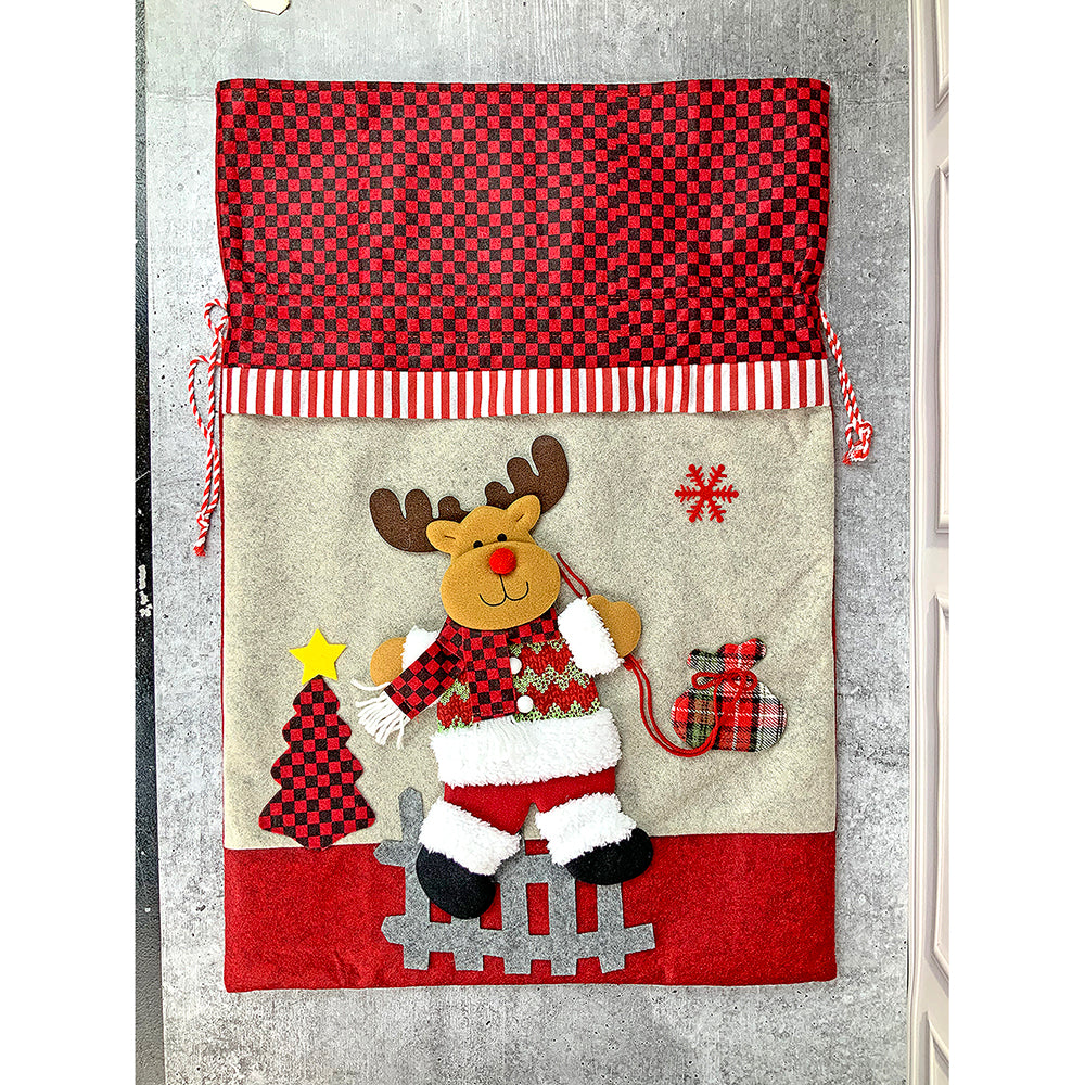 Little Surprise Box, Deer Red & Grey Checks Christmas Sack for Christmas Gifts and Home Décor