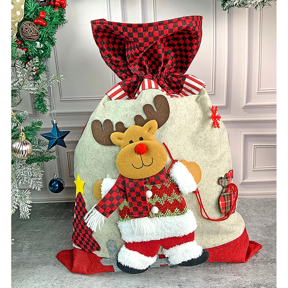 Little Surprise Box, Deer Red & Grey Checks Christmas Sack for Christmas Gifts and Home Décor