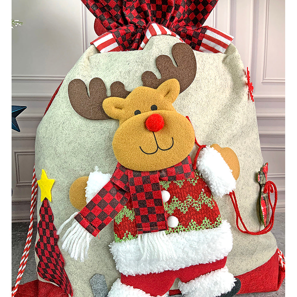 Little Surprise Box, Deer Red & Grey Checks Christmas Sack for Christmas Gifts and Home Décor