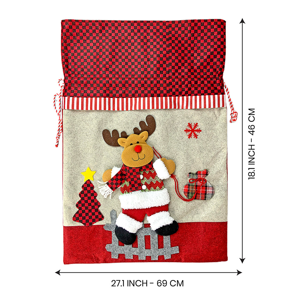 Little Surprise Box, Deer Red & Grey Checks Christmas Sack for Christmas Gifts and Home Décor