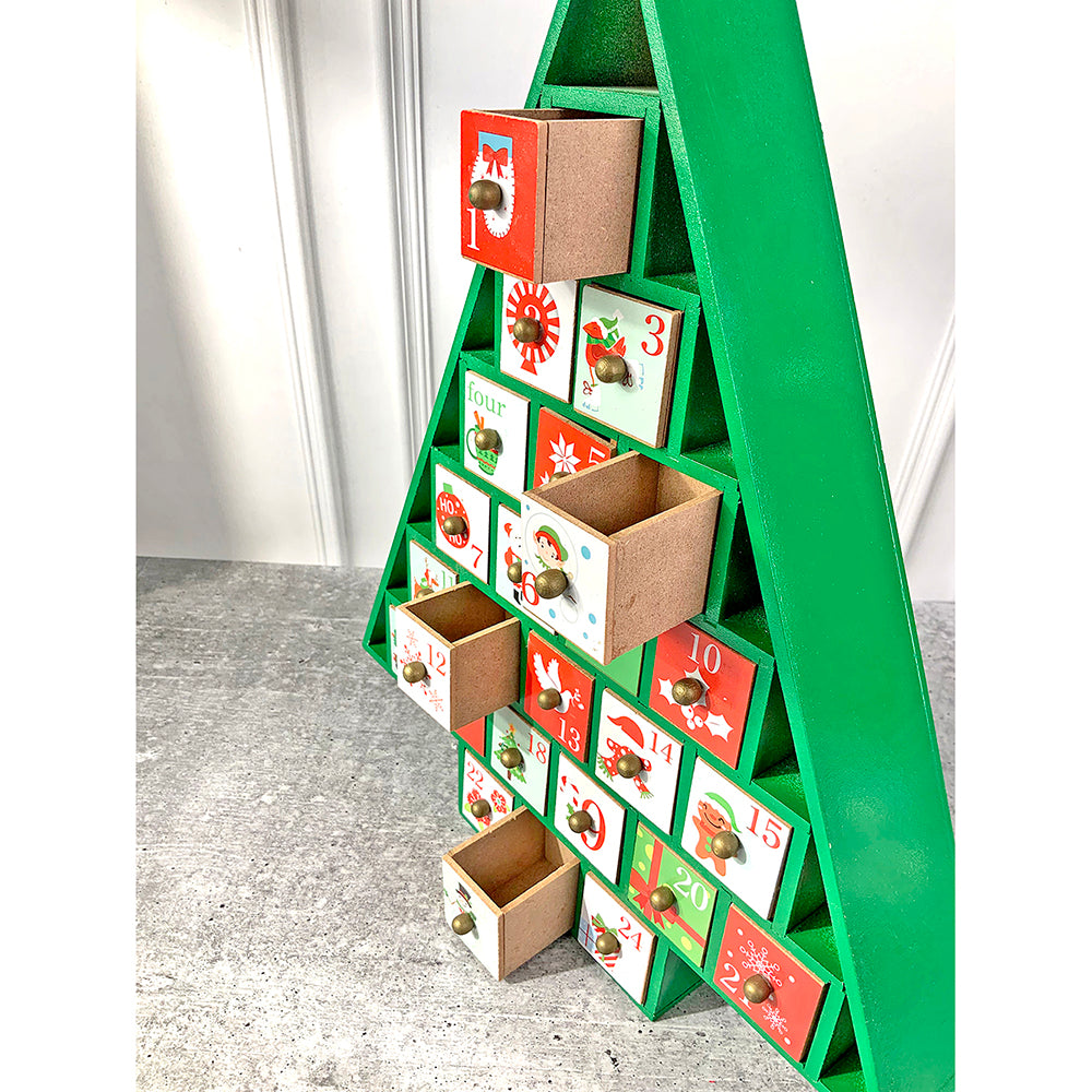 Little Surprise Box 24 days, Wooden Green Tree Shape Advent Calendar For Christmas