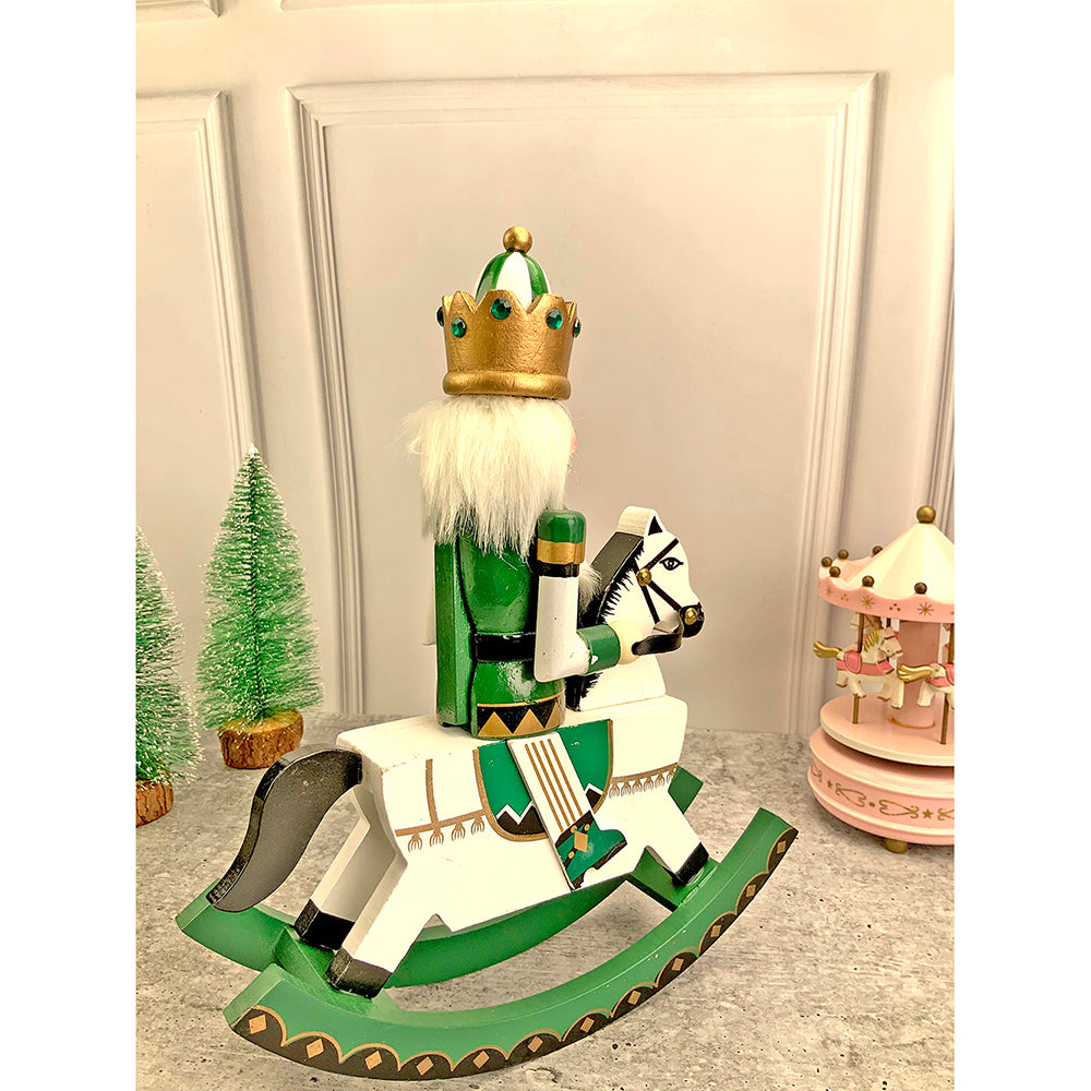 Little Surprise Box, 12 inches wooden Green Rocking Horse King Nutcracker self standing Christmas Table Decor