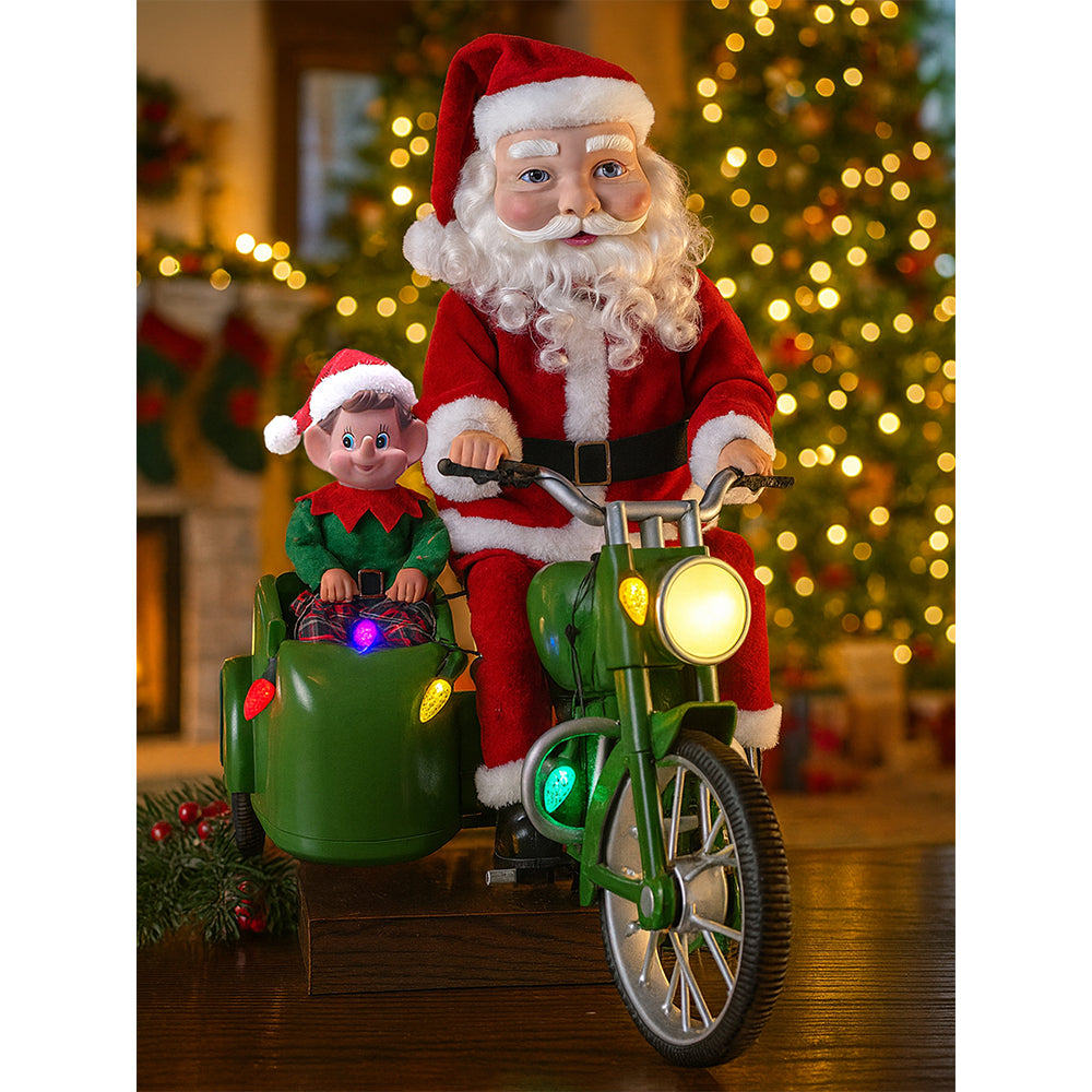 Little Surprise Box, Santa Motorcycle with Elf in Sidecar Light, Music And Motion Christmas Home Décor