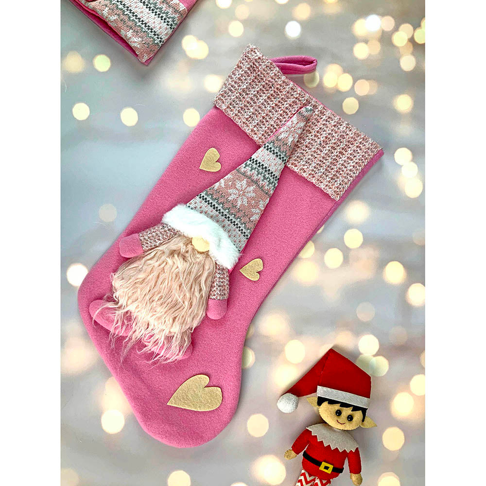 Little Surprise Box, Pink Beard Gnome Christmas Stocking for Gifts and Christmas Décor, 16 inches