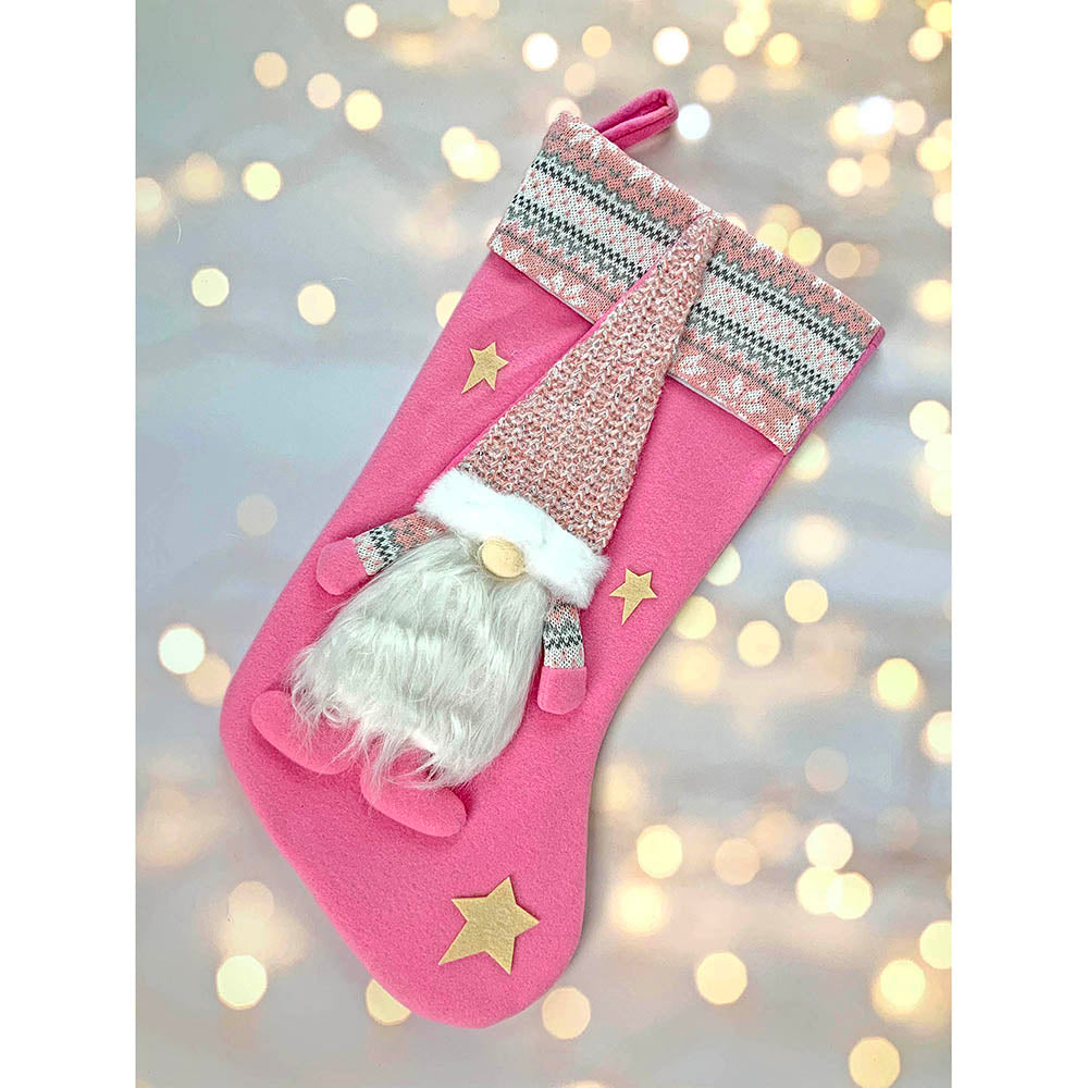 Little Surprise Box, White Beard Pink Gnome Christmas Stocking for Gifts and Christmas Décor, 16 inches