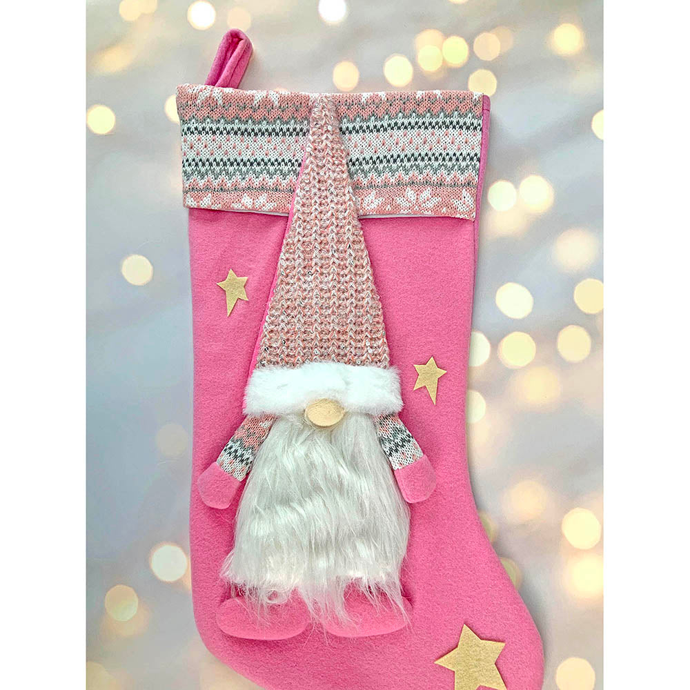 Little Surprise Box, White Beard Pink Gnome Christmas Stocking for Gifts and Christmas Décor, 16 inches