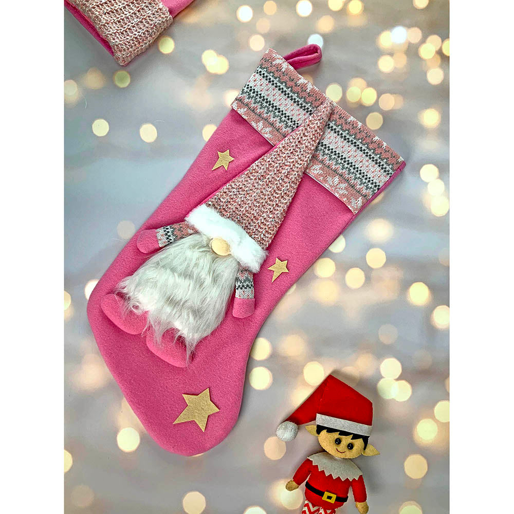 Little Surprise Box, White Beard Pink Gnome Christmas Stocking for Gifts and Christmas Décor, 16 inches