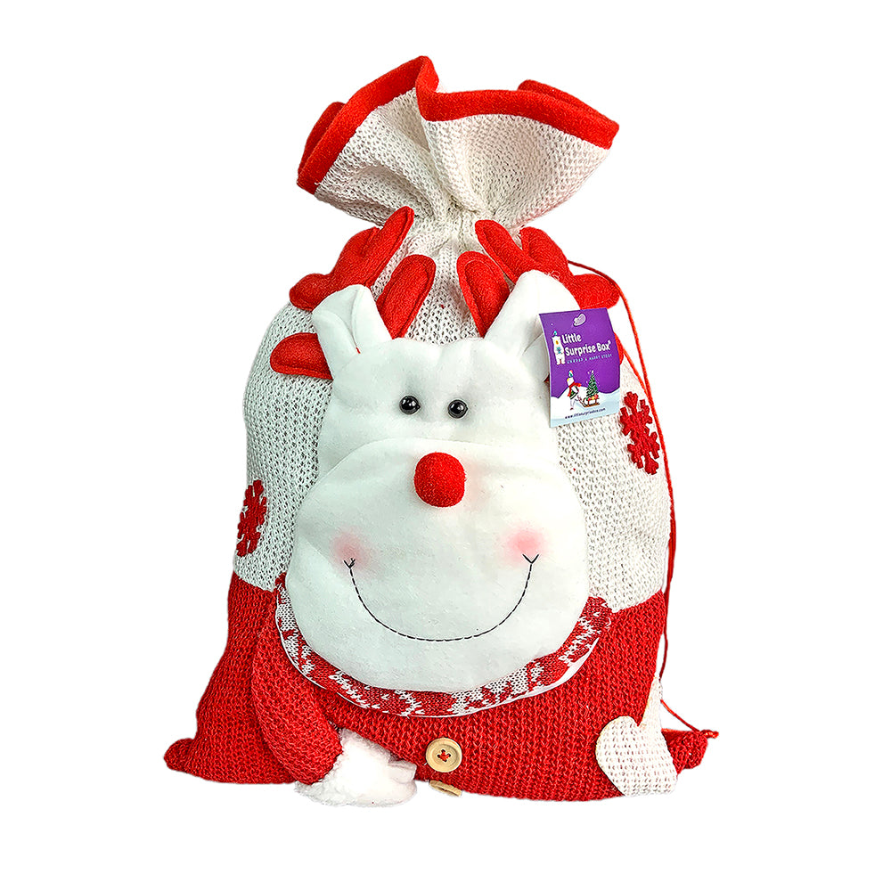 Little Surprise Box, Deer Red & White Knitted Christmas Sack for Christmas Gifts and Home Décor