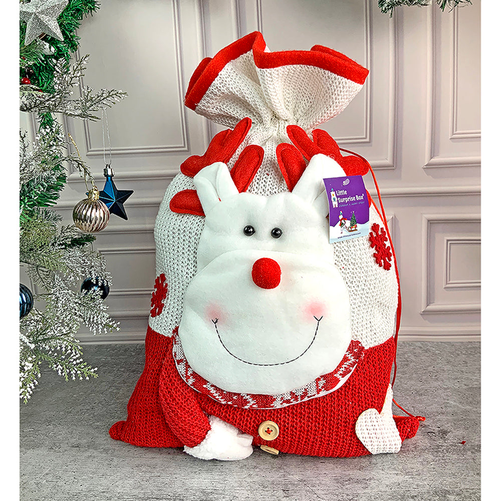 Little Surprise Box, Deer Red & White Knitted Christmas Sack for Christmas Gifts and Home Décor